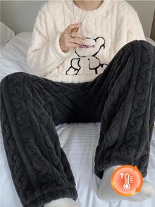 青少年男孩新款極簡時尚休閒黑色長袖趣味圖案印花褲子2件套家居服，青少年男孩日常居家極簡休閒風毛茸茸套裝，冬季舒適柔軟絨毛2件套 - 彩色 - 查看 8