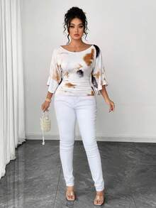 SHEIN Elenzya Plus Size Women's Knitted High Stretch Bell Sleeve Round Neck Solid Color Elegant T-Shirt Fall - Multicolor - View 3