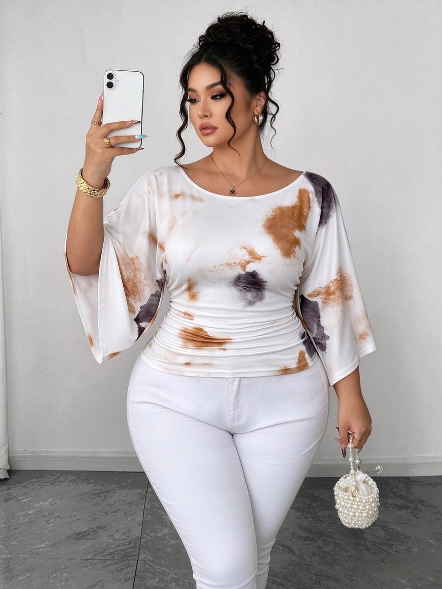 SHEIN Elenzya Plus Size Women's Knitted High Stretch Bell Sleeve Round Neck Solid Color Elegant T-Shirt Fall - Multicolor - View 1