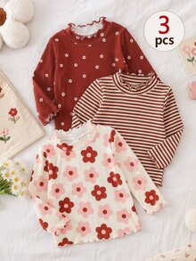 SHEIN 3件組幼兒女嬰針織羅紋上衣套裝，可愛甜美粉色、棕色、鐵鏽紅花卉條紋，荷葉邊長袖小立領，休閒正裝秋季公主風上衣 - 彩色 - 查看 4