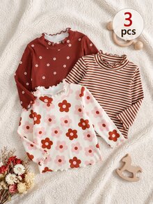 SHEIN 3件組幼兒女嬰針織羅紋上衣套裝，可愛甜美粉色、棕色、鐵鏽紅花卉條紋，荷葉邊長袖小立領，休閒正裝秋季公主風上衣 - 彩色 - 查看 3