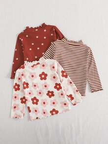 SHEIN 3件組幼兒女嬰針織羅紋上衣套裝，可愛甜美粉色、棕色、鐵鏽紅花卉條紋，荷葉邊長袖小立領，休閒正裝秋季公主風上衣 - 彩色 - 查看 2