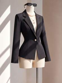 Selianne Women's Designer Hollow Back Lace Patchwork Blazer Jacket, Autumn Waist-Cinching Elegant Commute Long Sleeve Black Niche Open Back Suit Top - Black - View 7