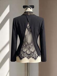 Selianne Women's Designer Hollow Back Lace Patchwork Blazer Jacket, Autumn Waist-Cinching Elegant Commute Long Sleeve Black Niche Open Back Suit Top - Black - View 6