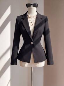 Selianne Women's Designer Hollow Back Lace Patchwork Blazer Jacket, Autumn Waist-Cinching Elegant Commute Long Sleeve Black Niche Open Back Suit Top - Black - View 8