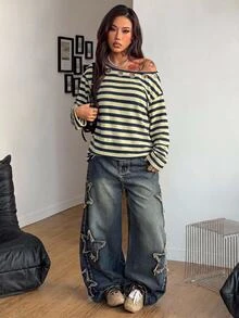 Coolane 女款秋冬休閒街頭風場合穿搭大尺寸露肩不對稱領黃色條紋金屬孔眼長袖T恤 - 彩色 - 查看 6