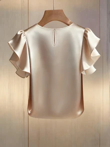 SHEIN Elegant Women's Summer White Pearl Beaded Round Neck Ruffle ...