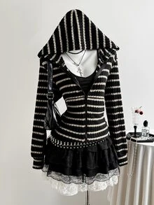 Elamini 女款秋冬黑色針織羅紋抓絨修身開襟拉鍊連帽衛衣，復古休閒街頭學院風，適合日常通勤、運動、居家穿著，百搭 - 彩色 - 查看 3