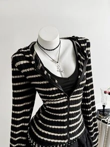 Elamini 女款秋冬黑色針織羅紋抓絨修身開襟拉鍊連帽衛衣，復古休閒街頭學院風，適合日常通勤、運動、居家穿著，百搭 - 彩色 - 查看 1