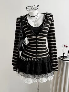 Elamini 女款秋冬黑色針織羅紋抓絨修身開襟拉鍊連帽衛衣，復古休閒街頭學院風，適合日常通勤、運動、居家穿著，百搭 - 彩色 - 查看 4