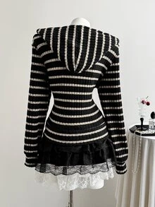 Elamini 女款秋冬黑色針織羅紋抓絨修身開襟拉鍊連帽衛衣，復古休閒街頭學院風，適合日常通勤、運動、居家穿著，百搭 - 彩色 - 查看 2