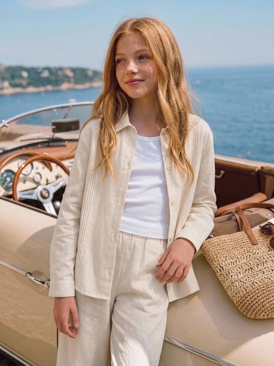 Joliand Tween Girl -White Textured 2 Pieces Set Long Sleeve Shirt Elastic Waist Wide Leg Pants Casual 2010 Cool Girl School Career Autumn - Apricot - View 1