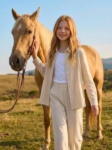 Joliand Tween女孩白色紋理兩件套 長袖上衣＋鬆緊腰寬腿長褲 休閒 2010 Cool Girl 風格 校園職場秋季穿搭 - 杏色 - 查看 1