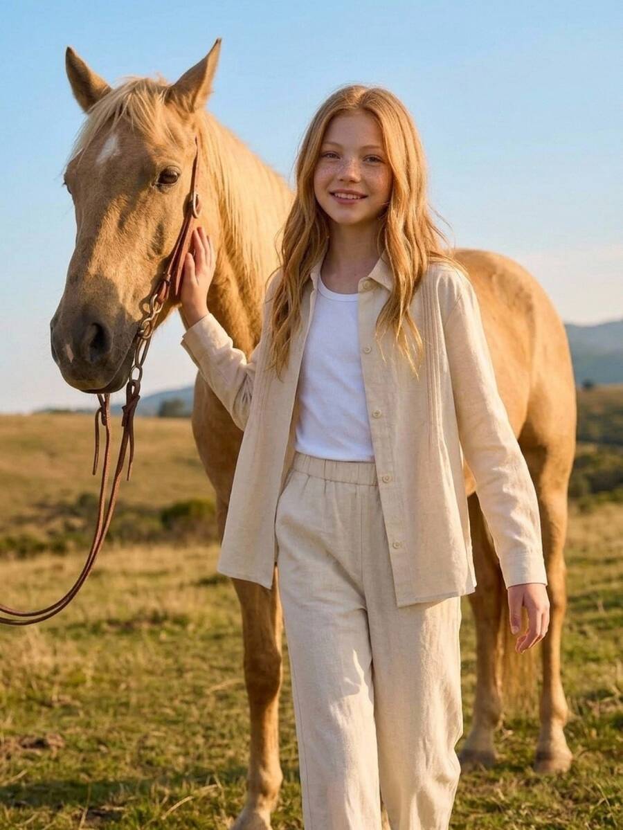 Joliand Tween女孩白色紋理兩件套 長袖上衣+鬆緊腰寬腿長褲 休閒 2010 Cool Girl 風格 校園職場秋季穿搭 - 杏色 - 查看 1