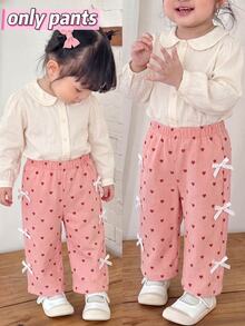 1pc Toddler Girl Wide Leg Pants Cute Sweet Pink Heart Print Bow Accent Elastic High Waisted Regular Birthday Party Summer Daily School Boho Chic - Pink - View 1
