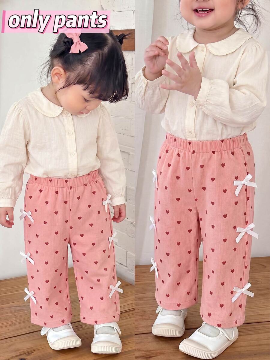 1pc Toddler Girl Wide Leg Pants Cute Sweet Pink Heart Print Bow Accent Elastic High Waisted Regular Birthday Party Summer Daily School Boho Chic - Pink - View 1