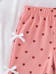 1pc Toddler Girl Wide Leg Pants Cute Sweet Pink Heart Print Bow Accent Elastic High Waisted Regular Birthday Party Summer Daily School Boho Chic - Pink - View 5