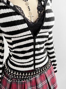 Elamini Women's Autumn/Winter Black Knitted Ribbed Fleece Ribbed Fabric Slim Fit Open Front Zipper Hooded Sweatshirt, Vintage Casual Streetwear College Style, Suitable For Daily Commute, Sports, Home Wear, Versatile - Black and White - View 8