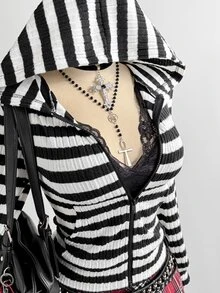 Elamini Women's Autumn/Winter Black Knitted Ribbed Fleece Ribbed Fabric Slim Fit Open Front Zipper Hooded Sweatshirt, Vintage Casual Streetwear College Style, Suitable For Daily Commute, Sports, Home Wear, Versatile - Black and White - View 1
