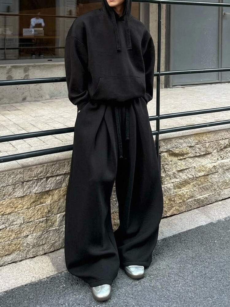 DAZY 秋冬款寬鬆衛衣布料黑色街頭風男士外套套裝 - 黑色 - 查看 5