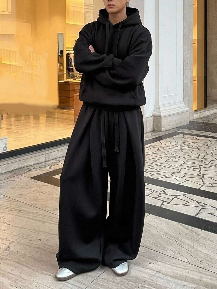 DAZY طقم ملابس خارجية رجالي بأسلوب الشارع، سويت شيرت فضفاض من القماش باللون الأسود، للخريف/الشتاء - الأسود - مشاهدة 1