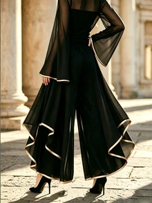LUMIGAL Wide-Leg Flowy Silhouette, Gold-Trimmed Edged Exquisite High-End Elegant Aura Knit Top And Chiffon Flowy Skirt Set - Black - View 3
