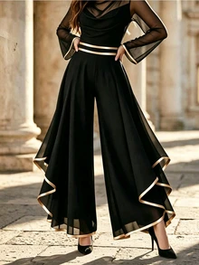 LUMIGAL Wide-Leg Flowy Silhouette, Gold-Trimmed Edged Exquisite High-End Elegant Aura Knit Top And Chiffon Flowy Skirt Set - Black - View 7