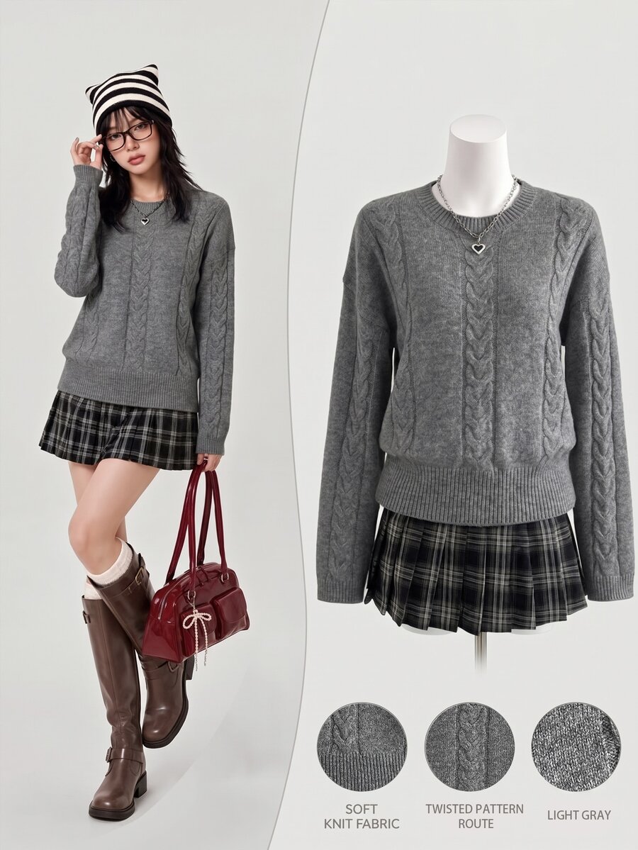 Elamini Women's Autumn/Winter Lazy Fashion Minimalist Versatile Commute Daily Photo Party Pullover Sweater - Grey - View 1