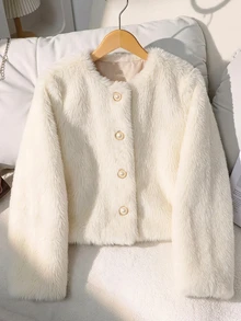 Tween Girl Autumn/Winter Elegant Cute Glamorous Round Neck Faux Pearl Button Plush Jacket Wedding Formal Club White - White - View 3