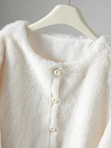 Tween Girl Autumn/Winter Elegant Cute Glamorous Round Neck Faux Pearl Button Plush Jacket Wedding Formal Club White - White - View 4