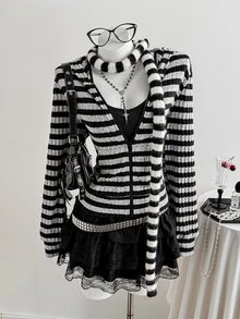 Elamini 女款秋季黑色針織羅紋抓絨布修身開襟拉鍊運動衫，復古哥德風 Grunge 休閒街頭學院風 Club 萬聖節灰色 - 黑色 - 查看 6