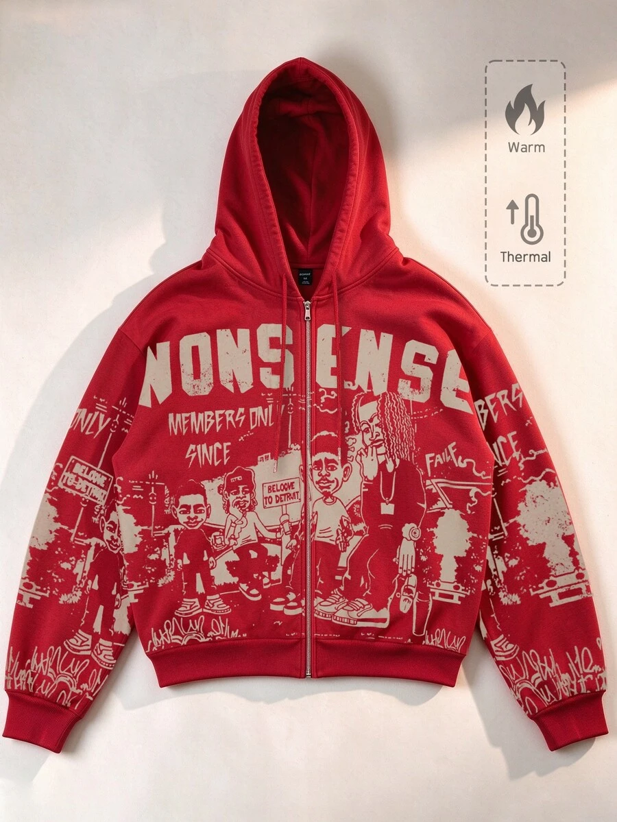 ROMWE MEN Street Life Men's Letter Pattern Drawstring Hooded Casual Daily Long Sleeve Sweatshirt - Red - View 1