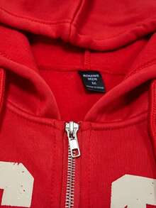 ROMWE MEN Street Life Men's Letter Pattern Drawstring Hooded Casual Daily Long Sleeve Sweatshirt - Red - View 4