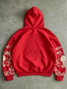 ROMWE MEN Street Life Men's Letter Pattern Drawstring Hooded Casual Daily Long Sleeve Sweatshirt - Red - View 3