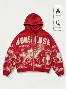 ROMWE MEN Street Life Men's Letter Pattern Drawstring Hooded Casual Daily Long Sleeve Sweatshirt - Red - View 5