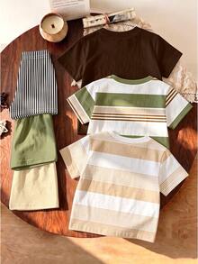 3 Sets Street Classic Business Handsome Striped Classic Print And Print T-Shirt Top Paired With Solid Color Horse Striped Letter Print - Multicolor - View 2