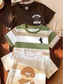 3 Sets Street Classic Business Handsome Striped Classic Print And Print T-Shirt Top Paired With Solid Color Horse Striped Letter Print - Multicolor - View 4