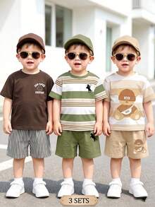 3 Sets Street Classic Business Handsome Striped Classic Print And Print T-Shirt Top Paired With Solid Color Horse Striped Letter Print - Multicolor - View 3