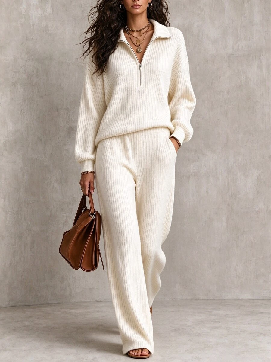 LUMIGAL Women's 2 Pieces Set, Fall/ Solid Color 2 Pieces Set, Daily Wear 2 Pieces Set, Brushed Ribbed Fabric, 2 Pieces Set Lounge Off-White Casual - Apricot - View 1