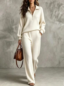 LUMIGAL Women's 2 Pieces Set, Fall/ Solid Color 2 Pieces Set, Daily Wear 2 Pieces Set, Brushed Ribbed Fabric, 2 Pieces Set Lounge Off-White Casual - Apricot - View 3