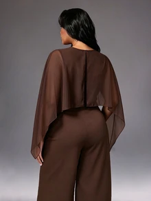 Rustia Plus Size Coffee Brown Cape Shawl Wide Leg Jumpsuit Women Loose Asymmetrical Batwing Sleeve Draped High Waist Straight Leg Pants 2 In 1 - Brown - View 2