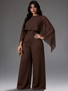 Rustia Plus Size Coffee Brown Cape Shawl Wide Leg Jumpsuit Women Loose Asymmetrical Batwing Sleeve Draped High Waist Straight Leg Pants 2 In 1 - Brown - View 3