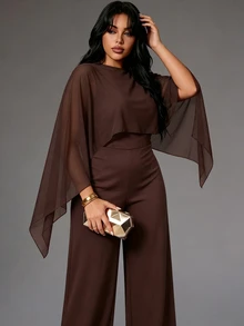 Rustia Plus Size Coffee Brown Cape Shawl Wide Leg Jumpsuit Women Loose Asymmetrical Batwing Sleeve Draped High Waist Straight Leg Pants 2 In 1 - Brown - View 4