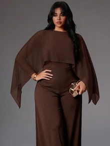 Rustia Plus Size Coffee Brown Cape Shawl Wide Leg Jumpsuit Women Loose Asymmetrical Batwing Sleeve Draped High Waist Straight Leg Pants 2 In 1 - Brown - View 1