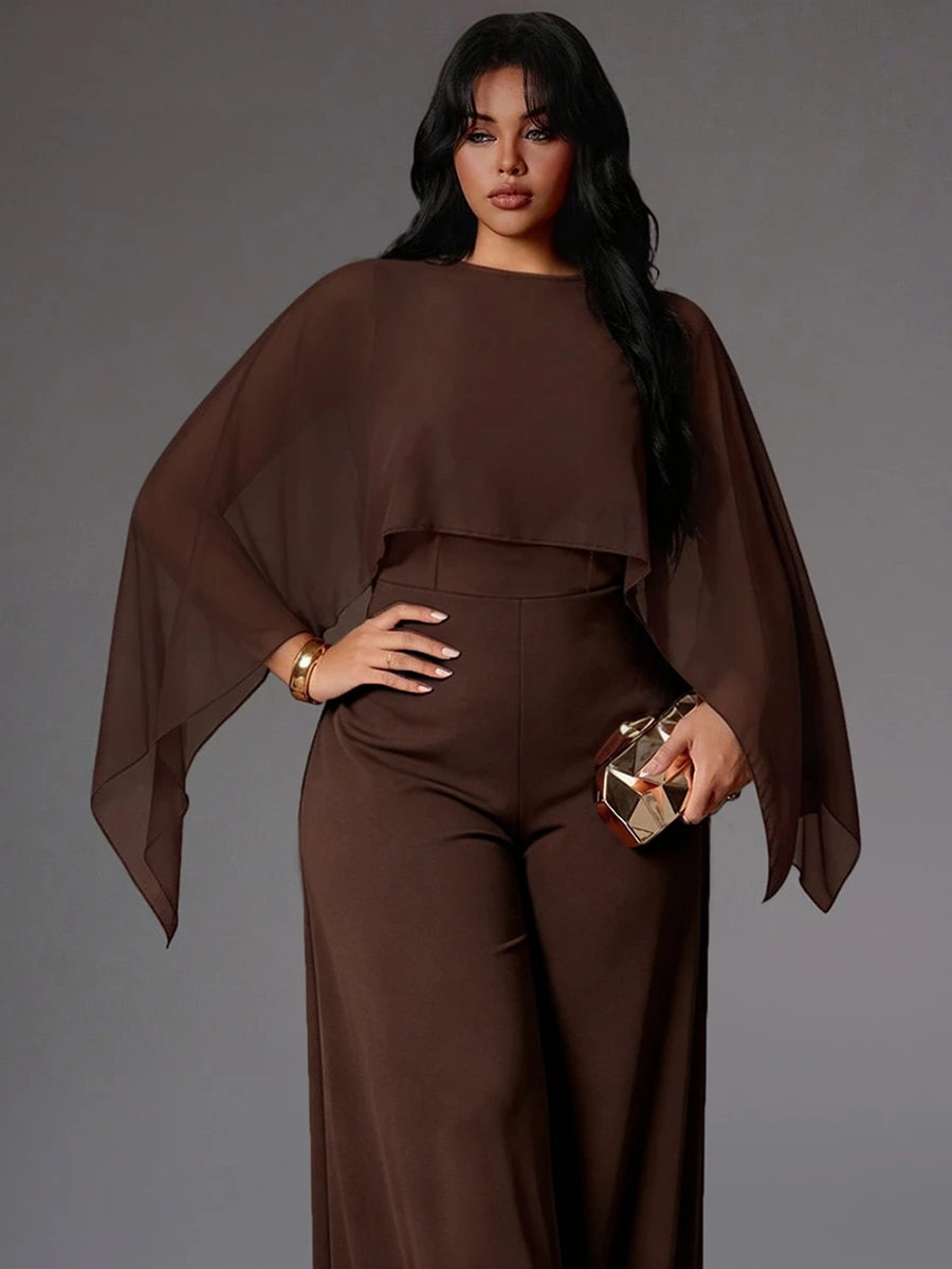 Rustia Plus Size Coffee Brown Cape Shawl Wide Leg Jumpsuit Women Loose Asymmetrical Batwing Sleeve Draped High Waist Straight Leg Pants 2 In 1 - Brown - View 1