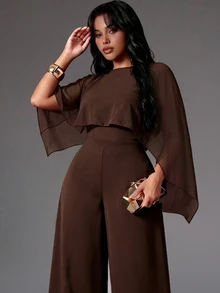 Rustia Plus Size Coffee Brown Cape Shawl Wide Leg Jumpsuit Women Loose Asymmetrical Batwing Sleeve Draped High Waist Straight Leg Pants 2 In 1 - Brown - View 5