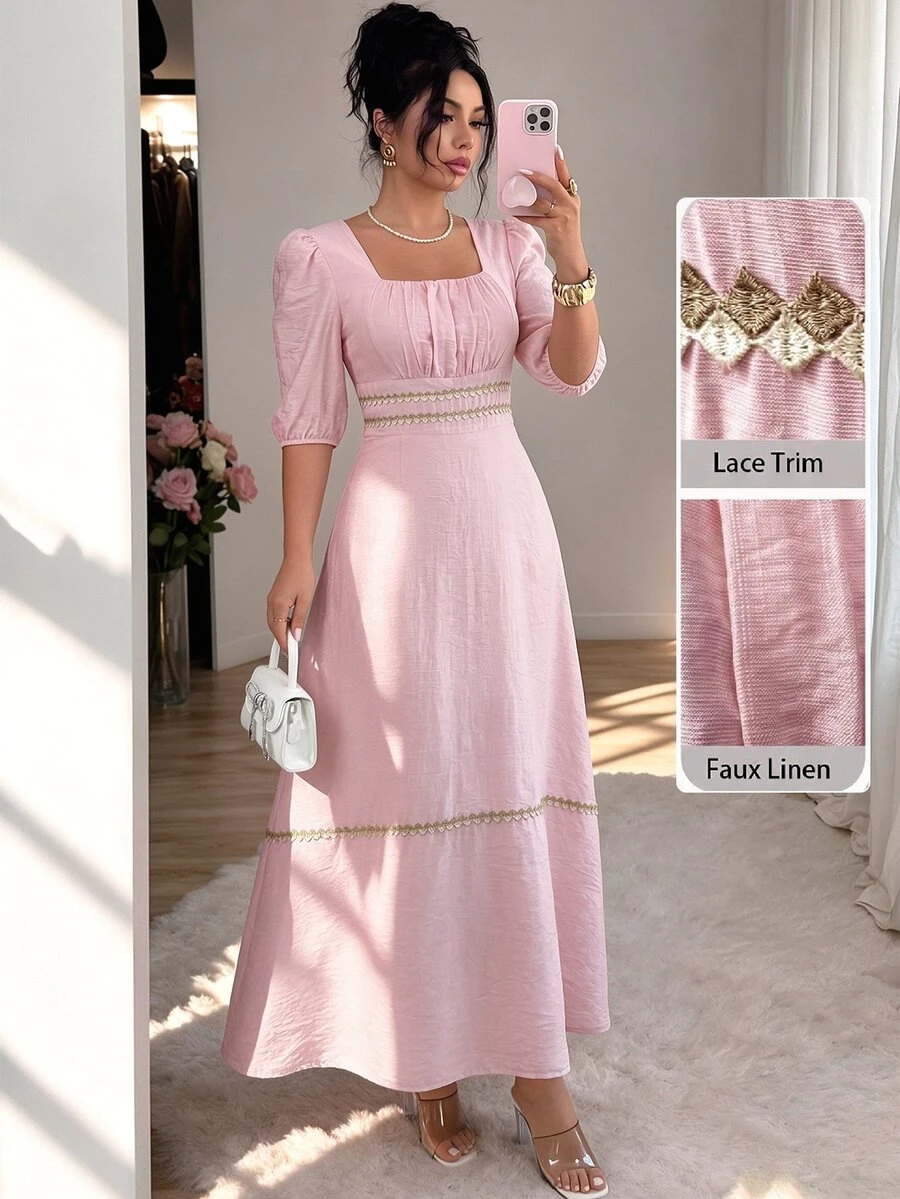 Modelyn Women's Square Neck Pleated Elegant Waist-Defining Midi Dress For Party And Outings - Baby Pink - View 1