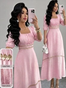 Modelyn Women's Square Neck Pleated Elegant Waist-Defining Midi Dress For Party And Outings - Baby Pink - View 3