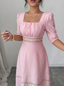 Modelyn Women's Square Neck Pleated Elegant Waist-Defining Midi Dress For Party And Outings - Baby Pink - View 2