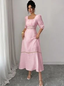 Modelyn Women's Square Neck Pleated Elegant Waist-Defining Midi Dress For Party And Outings - Baby Pink - View 6